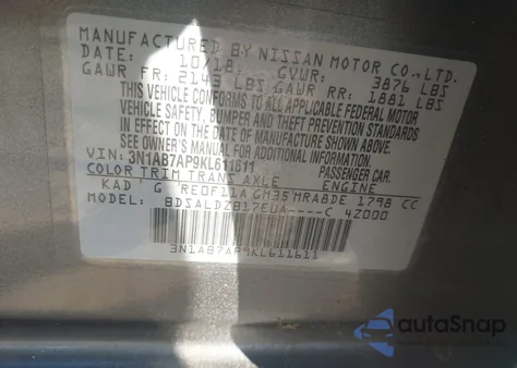 2019 Nissan Sentra Sv from USA, damaged, VIN 3N1AB7AP9KL611611